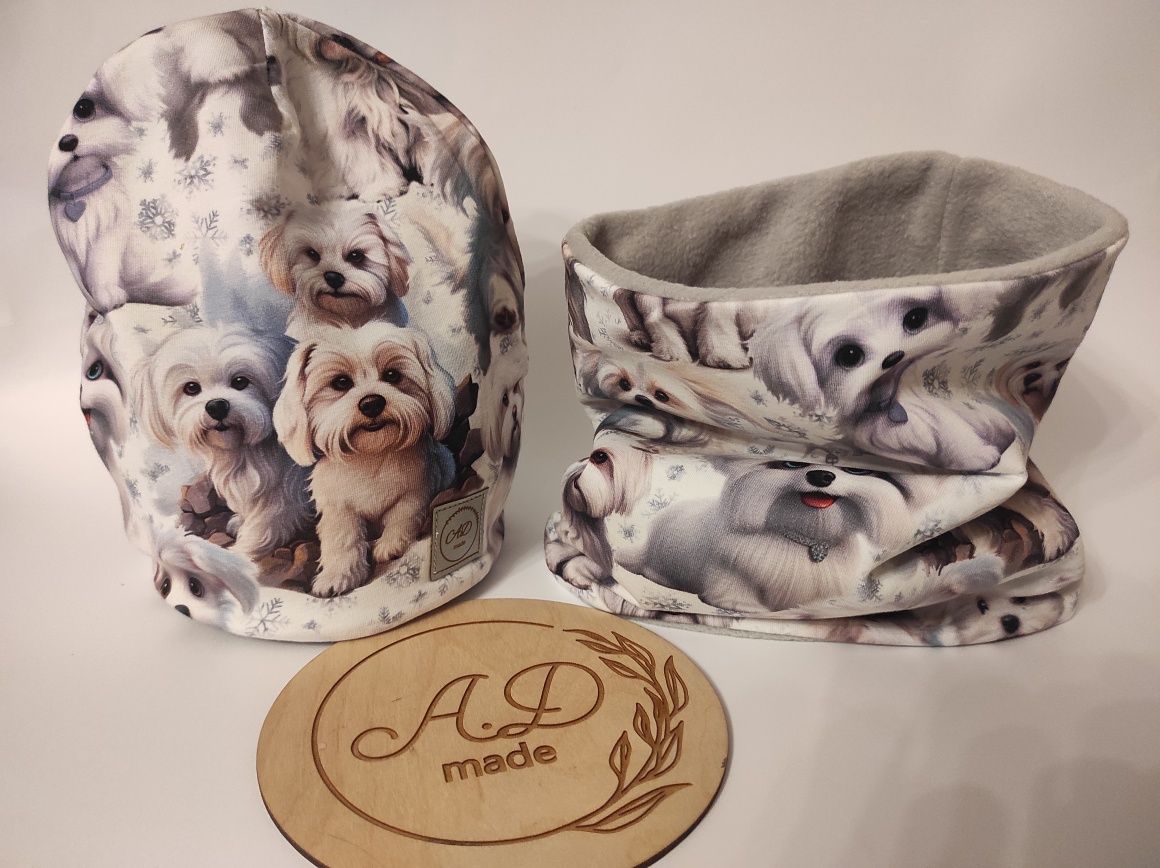 Komplet czapka komin Pieski psiaki Shihtzu zimowy ocieplany