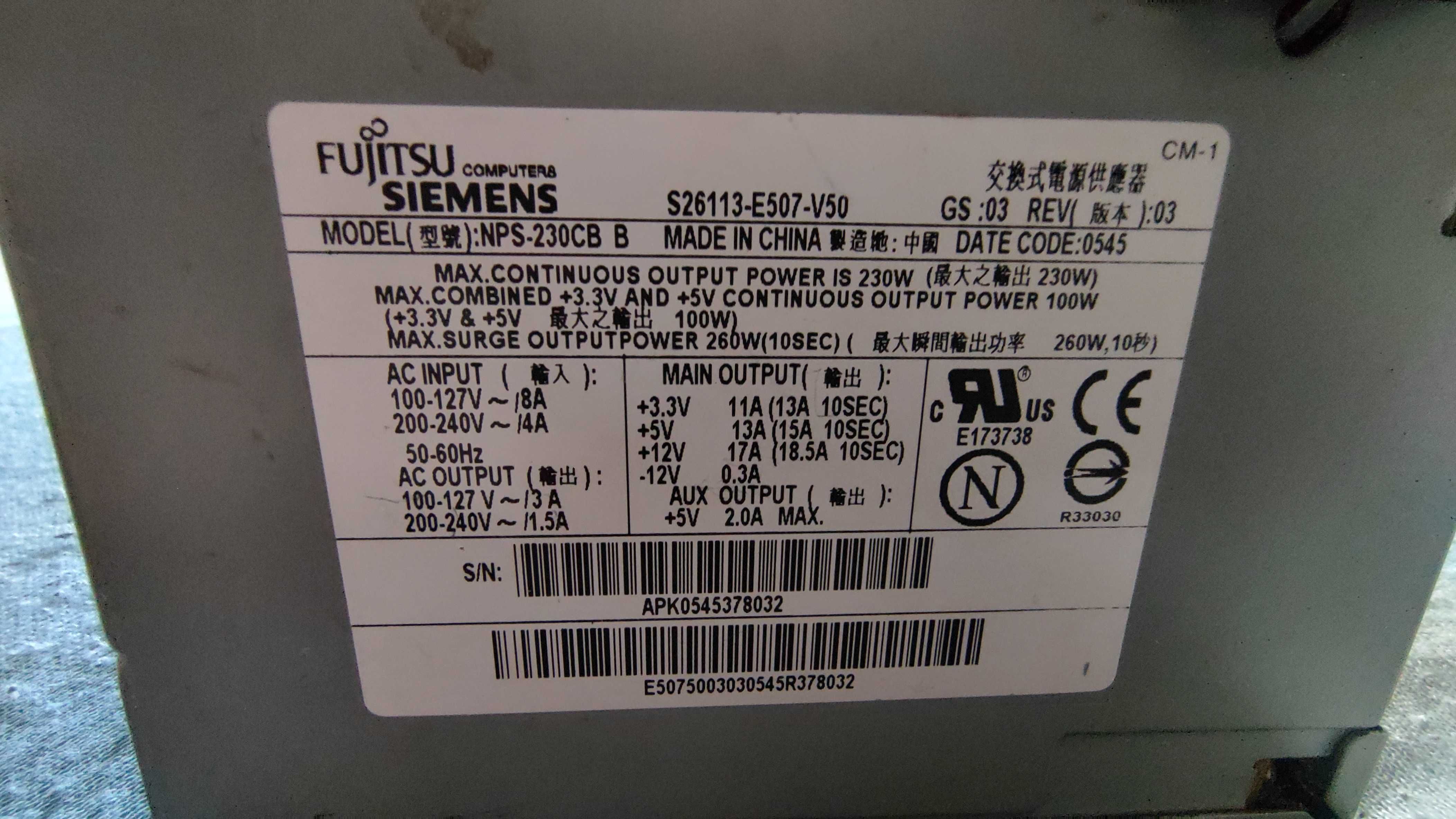 Zasilacz FUJITSU Siemens NPS-230CB B S26113-E507-V50 230W