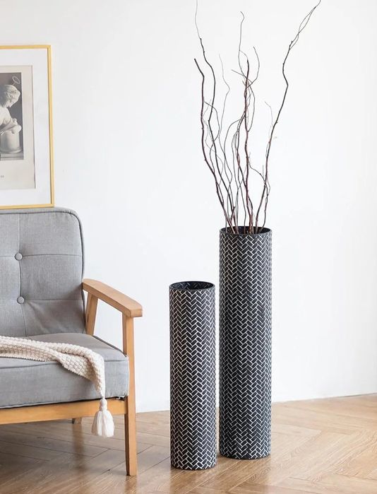 Czarny wysoki wazon podłogowy metalowy 70 cm i 55 cm zestaw