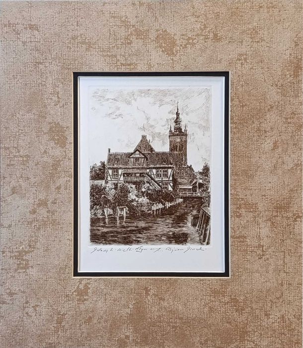 Grafika-akwaforta Gdańsk "Wielki Młyn W. Górecki praca w passe-partout