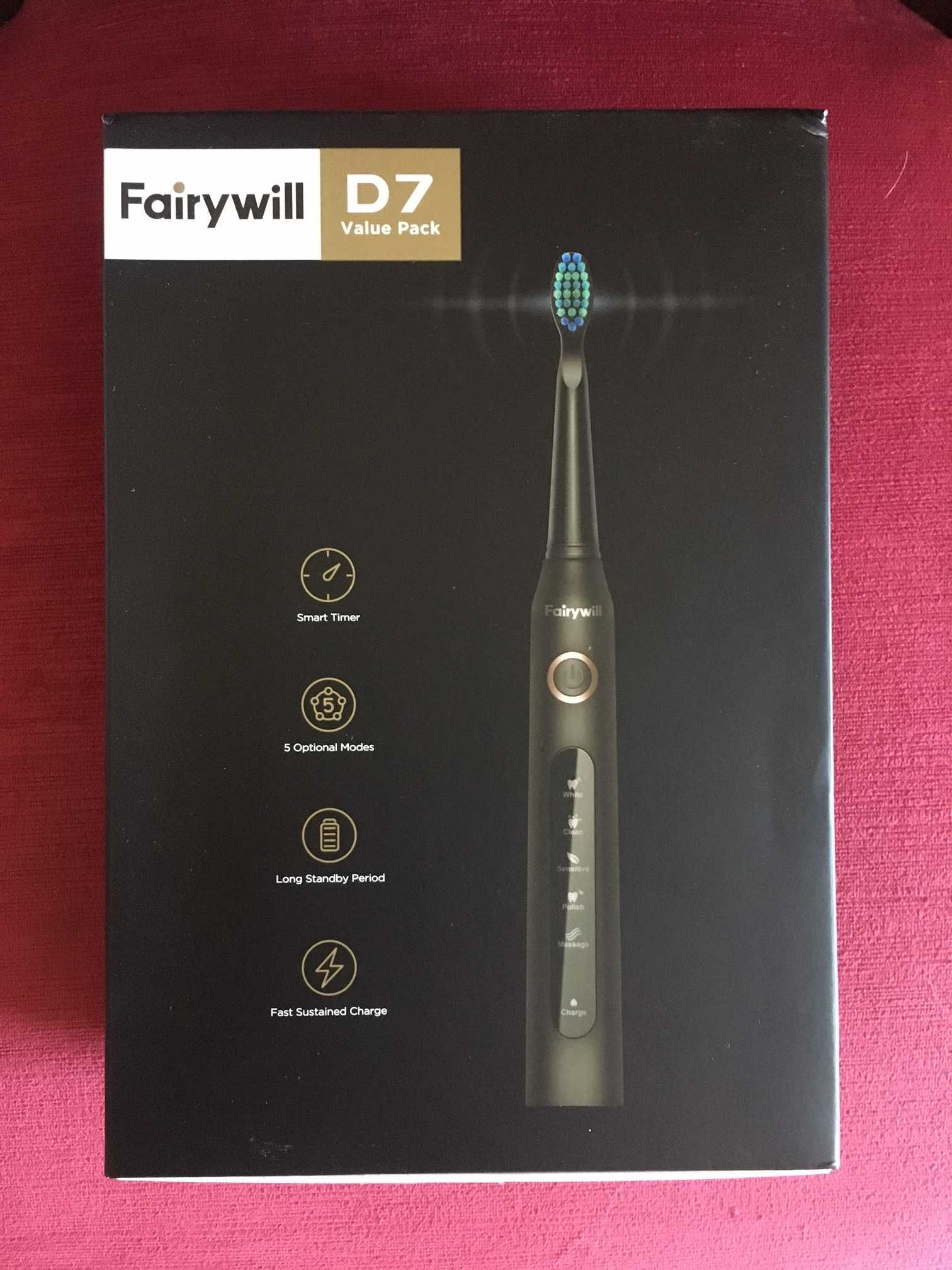 NOVO Fairywill Escova Dentes Elétrica, Recarregável + 8 Escovas