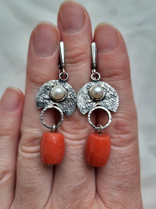 Серьги новые натуральный жемчуг коралл серебро 925 пробы