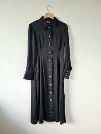 Czarna sukienka midi z długim rękawem satynowa szmizjerka H&M