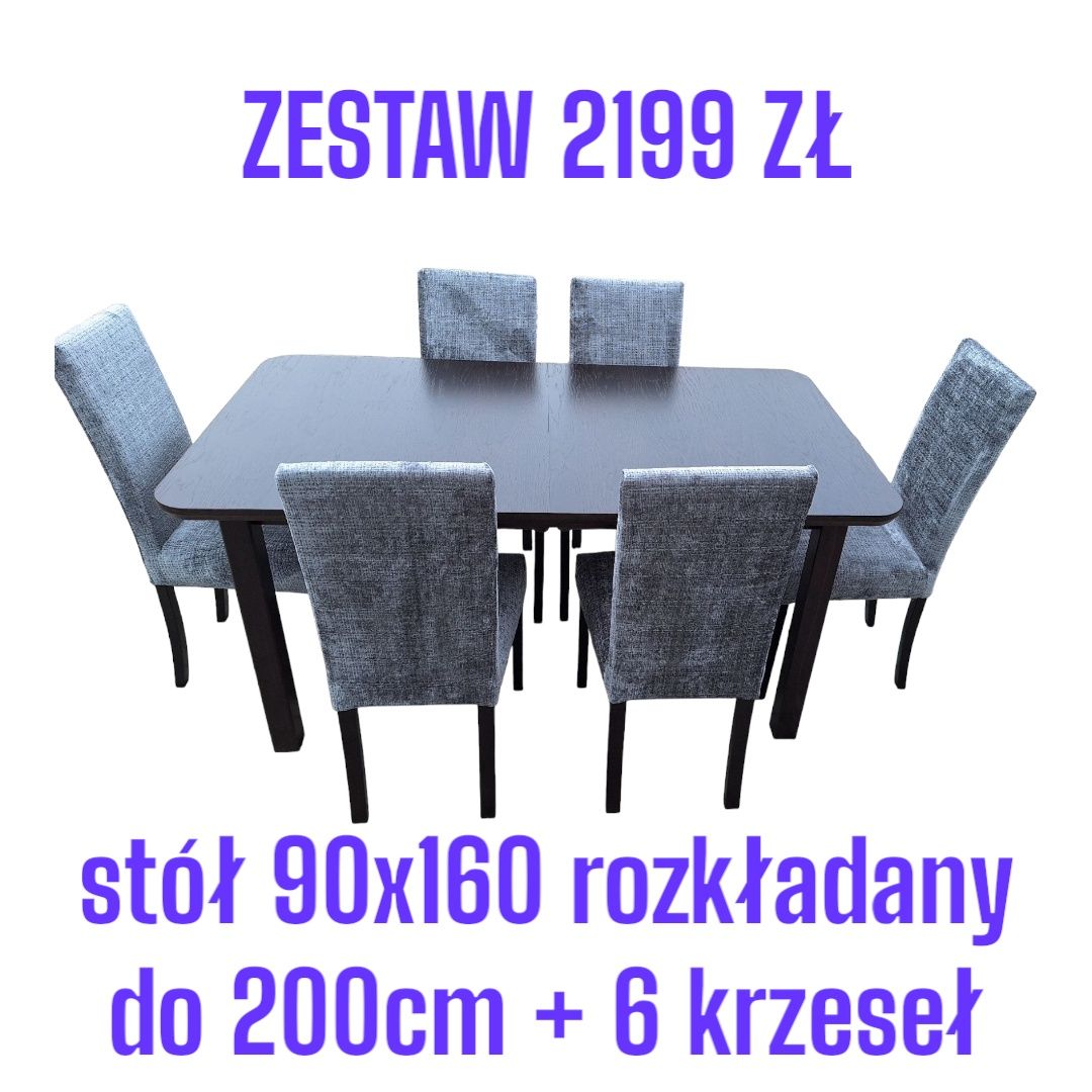 Stół 90x160/200 + 6 krzeseł, fornir ,kolor do wyboru, dostawa cała PL
