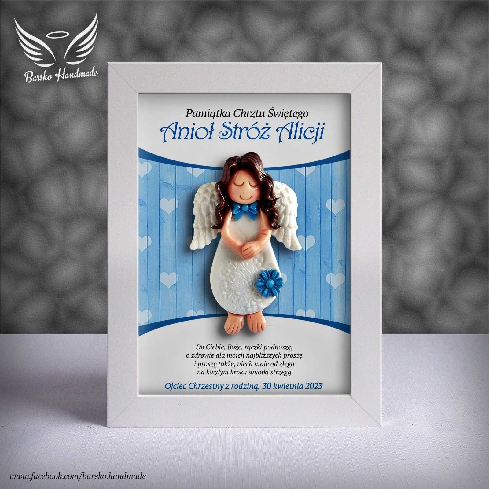 Anioł Stróż z porcelany w ramce 15x21 jako Pamiątka Chrztu Świętego