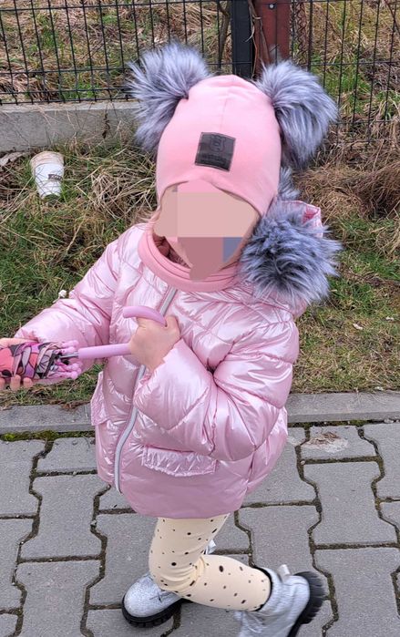 Zestaw czapka szalik bawełna z pomponami rozowy na 2-3 latka