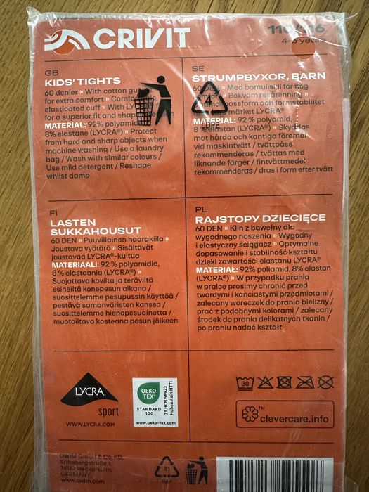 Nowe rajstopy dla dziewczynki różowe elastyczne CRIVIT 110/116 4-6 lat