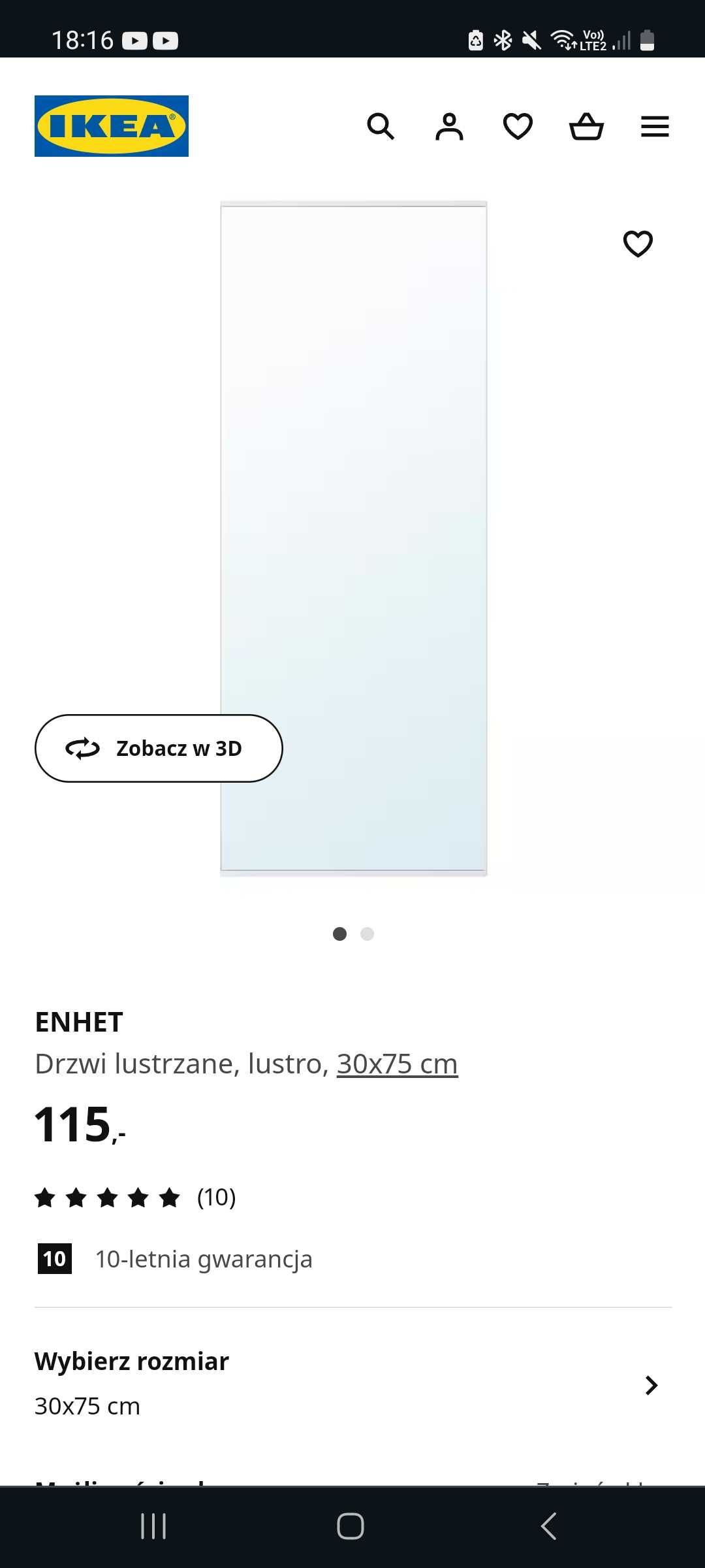 Drzwi lustrzane, lustro do szafki 30x75 cm IKEA