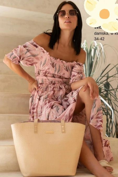Śliczna różowa damska Sugarfree Maxi sukienka 38 kwiaty floral gumka b