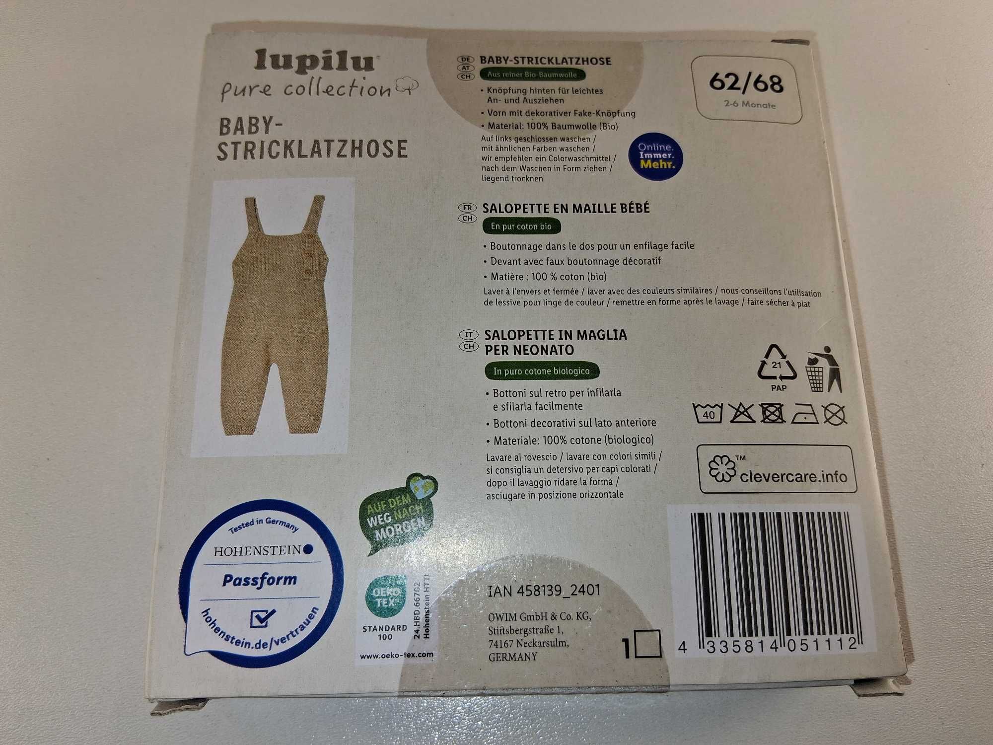 A031 Baby Spodnie Ogrodniczki Lupilu Pure Collection Rozmiar 62/68