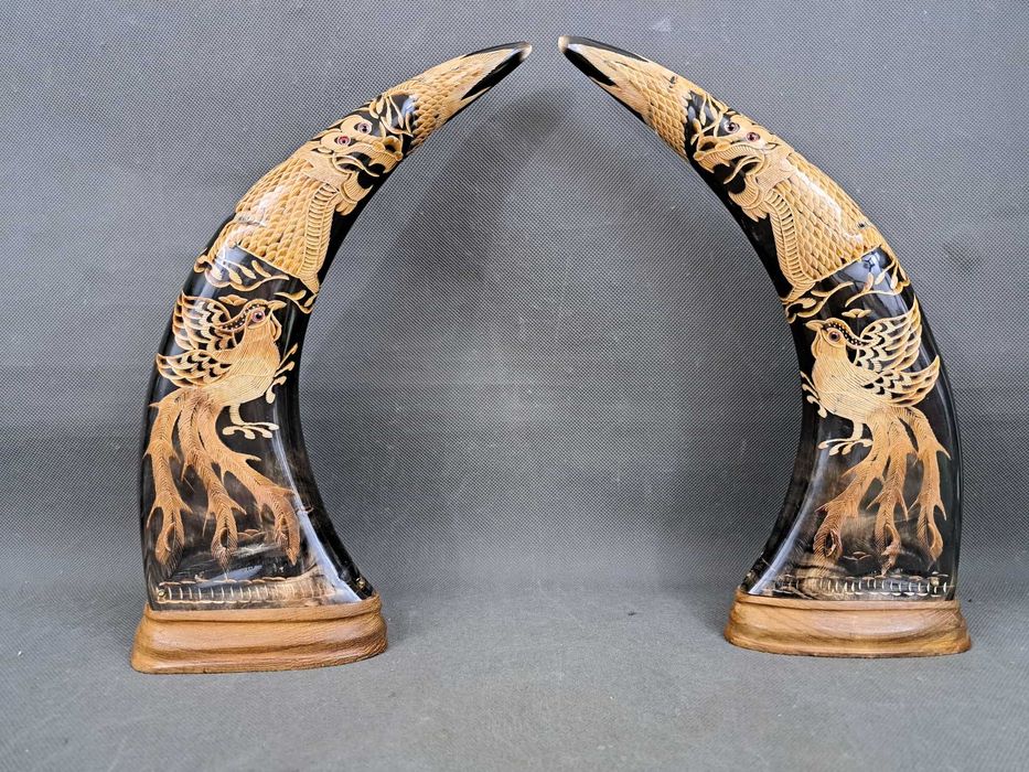 Chińskie rogi bawole, para, rzeźbione