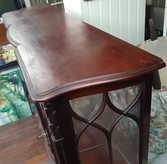 Retro Vintage Antiga Linda Cristaleira Madeira Maciça Trabalhada Vidro