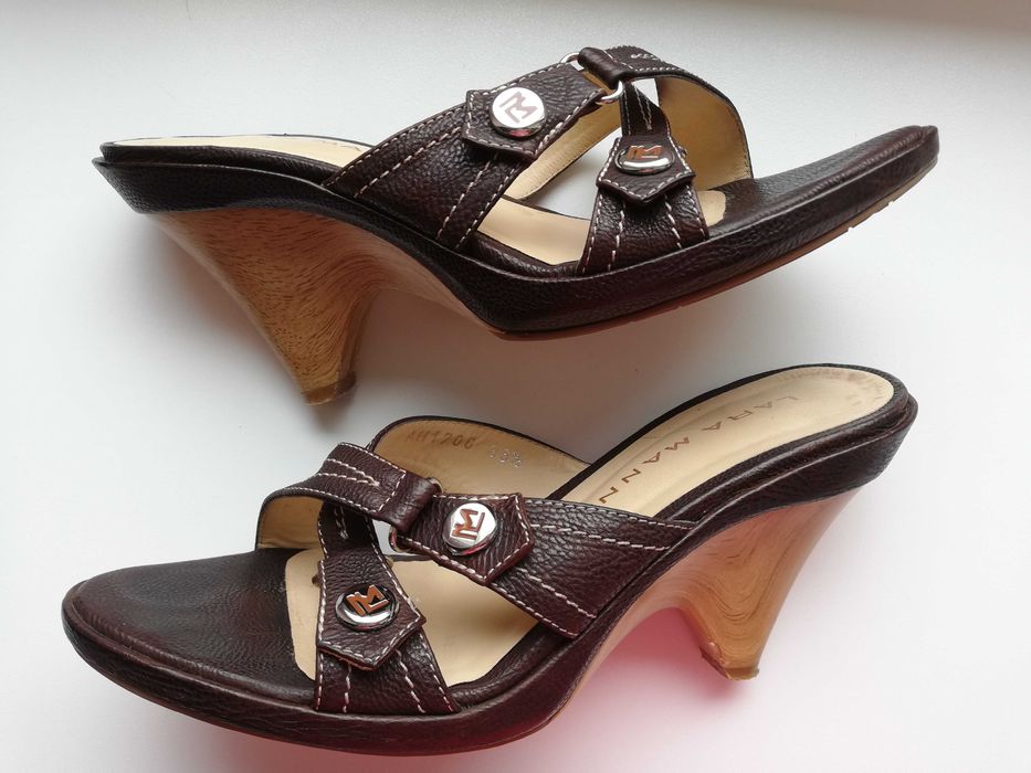 klapki damskie na koturnach na platformie 36,5 sandały 100% skóra brąz