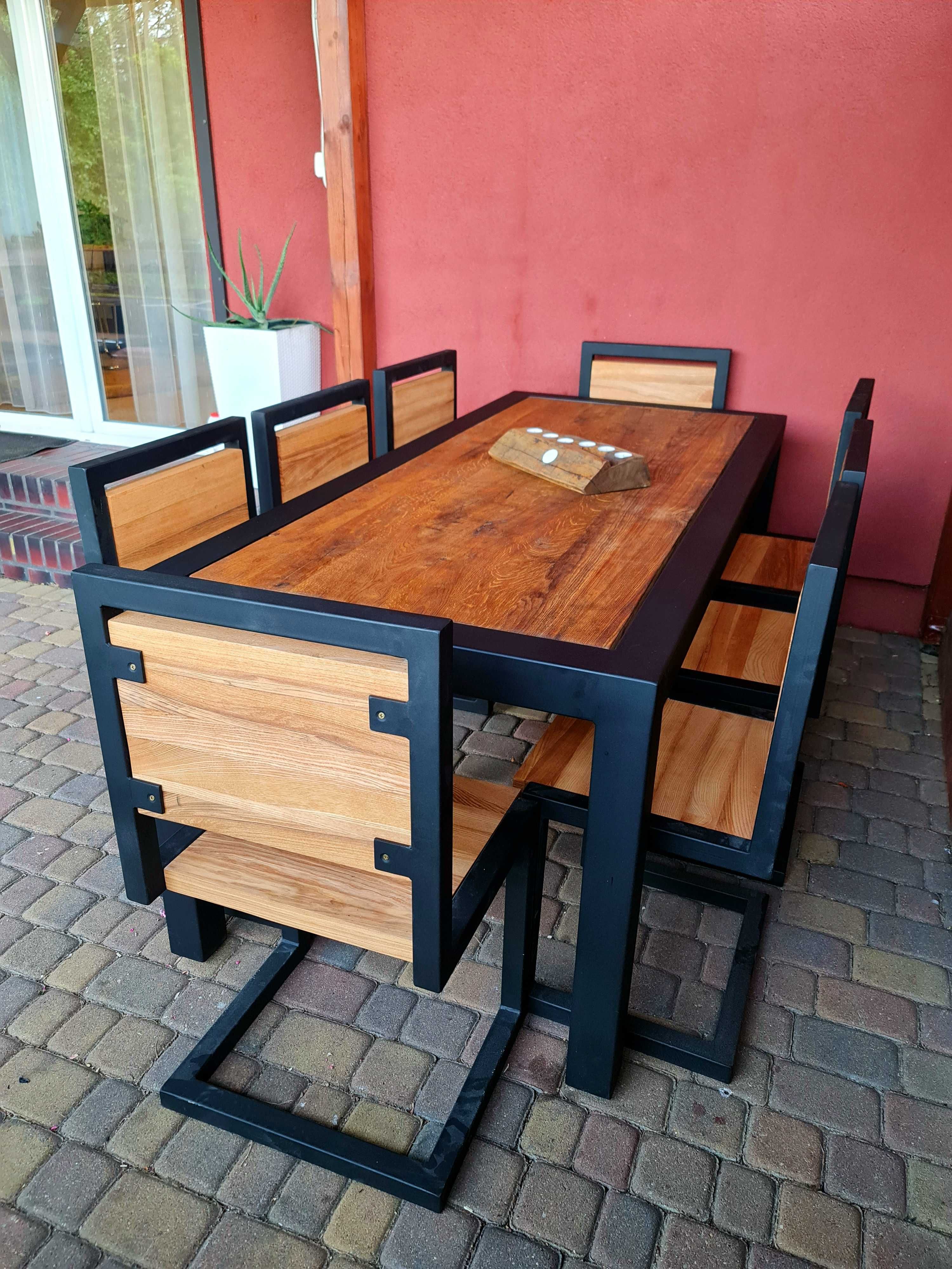 Stół drewniany dębowy ogrodowy z metalową nogą i ramą dąb szczotkowany