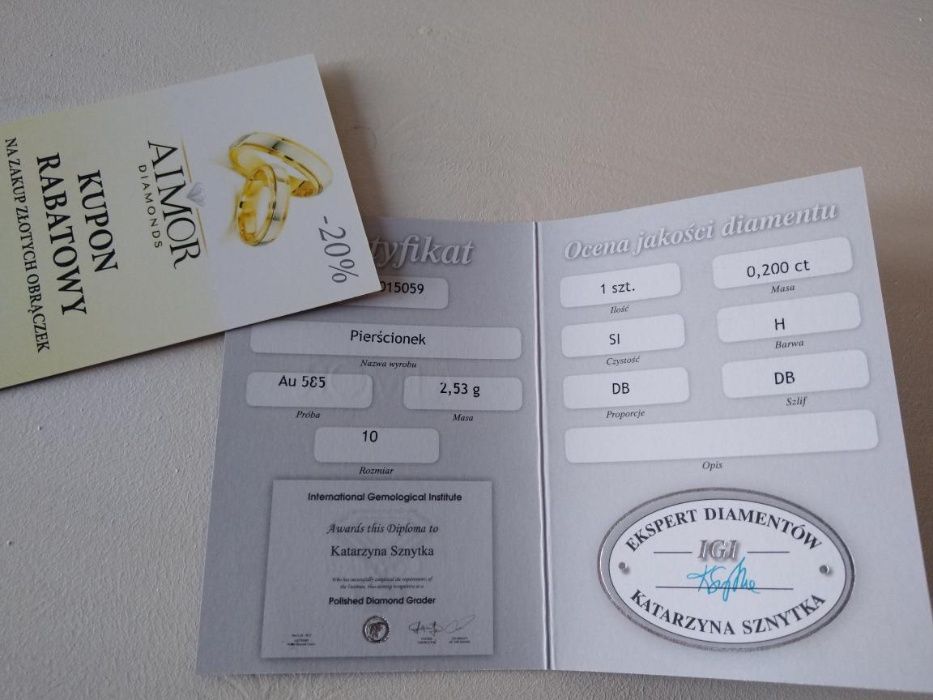 Pierścionek zaręczynowy Amore, Diament 0.2ct, z certyfikatem, roz. 7
