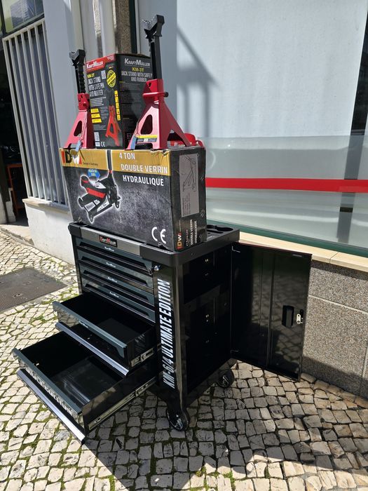 Conjunto de carrinho de ferramentas 6 gavetas e macaco e preguiças