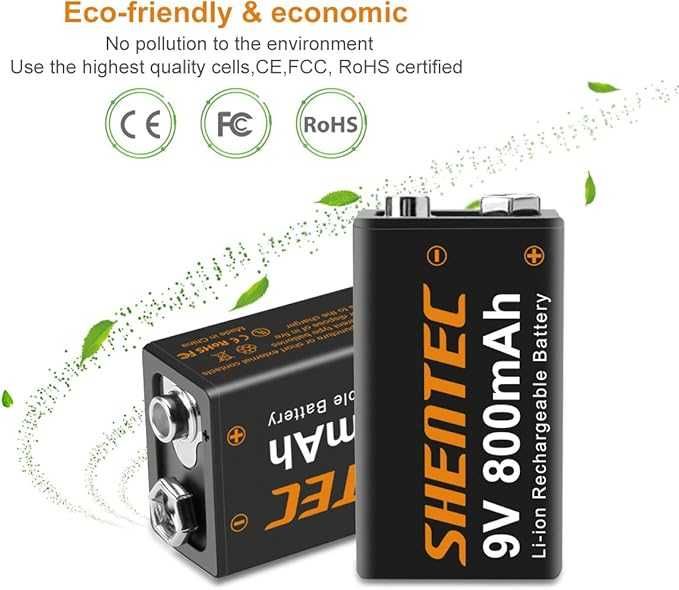 Shentec 4 szt akumulatory 9V 800mAh litowojonowe wielokrotne ładowanie