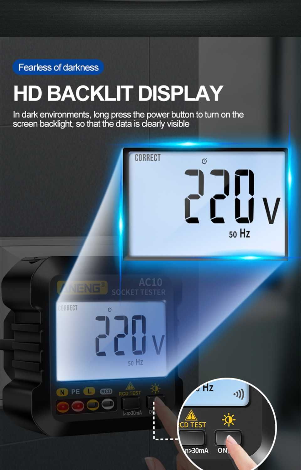 Tester Gniazdek sieciowych z wyświetlaczem LCD, ANENG AC10
