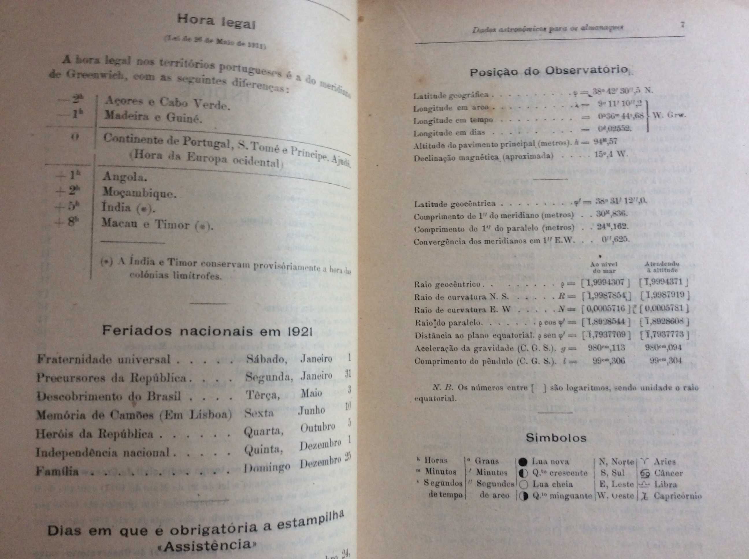 Dados astronómicos para os almanaq. de 1921 para Portugal. Ver índice