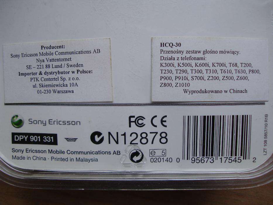 zestaw głośnomówiący SONYERICSSON HCQ-30 do samochodu zapalniczka