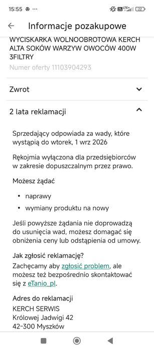 Wyciskarka/sokownik gwarancja