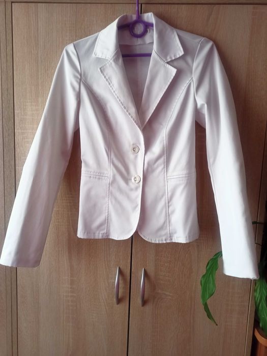 Biały damski żakiet elegancki marynarka z długim rękawem 34 XS