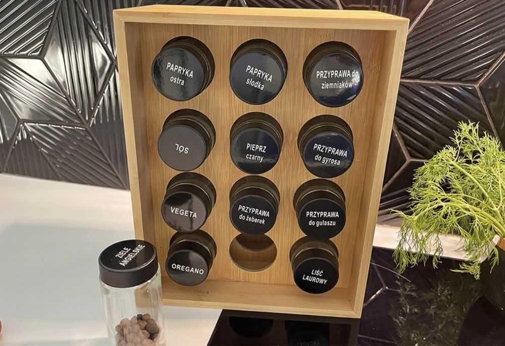 DREWNIANY organizer na przyprawy stojak + Słoiczki + Etykiety ZESTAW