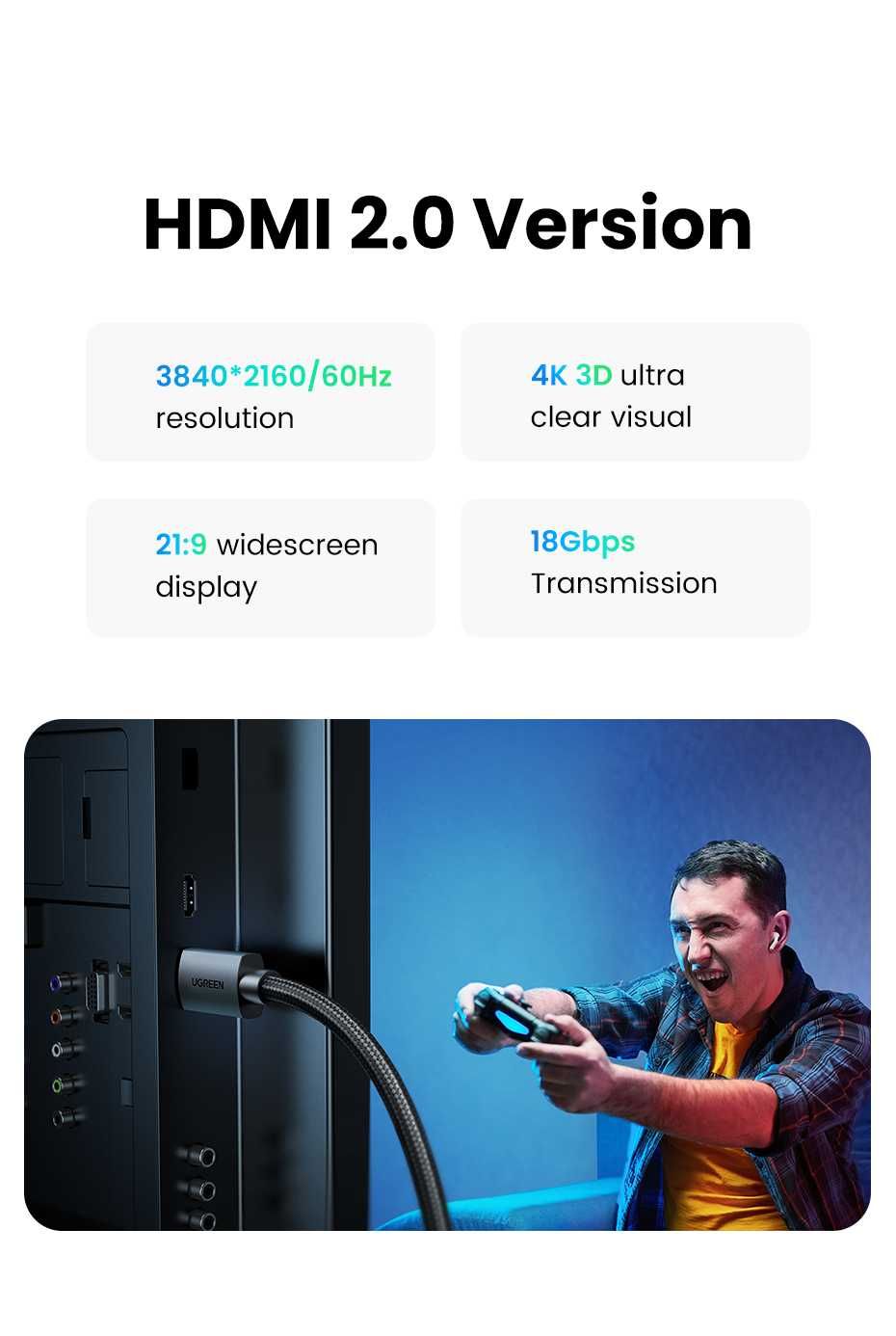 Кабель UGREEN HD119 4K HDMI Cable Male to Male Braided 1/2m (40101)