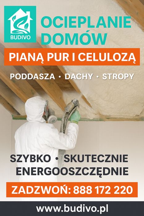 Ocieplanie pianą PUR–izolacja natryskowa, ocieplenie poddasza Celulozą
