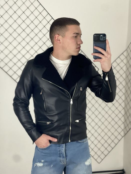 Чорна шкіряна дублянка авіатор Zago, мужская дубленка авиатор, пилот