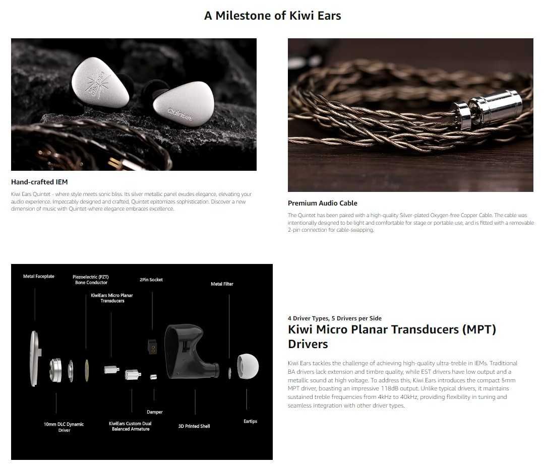 ⇒ Kiwi Ears Quintet - гибридные iem's наушники (1DD+2BA+1Planar+1PZT)