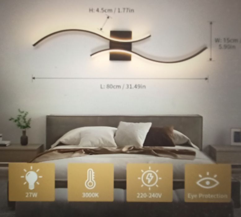 Nowe lampy ścienne 2 sztuki ,LED 27w ,czarne 3000K ciepłe białe 80cm