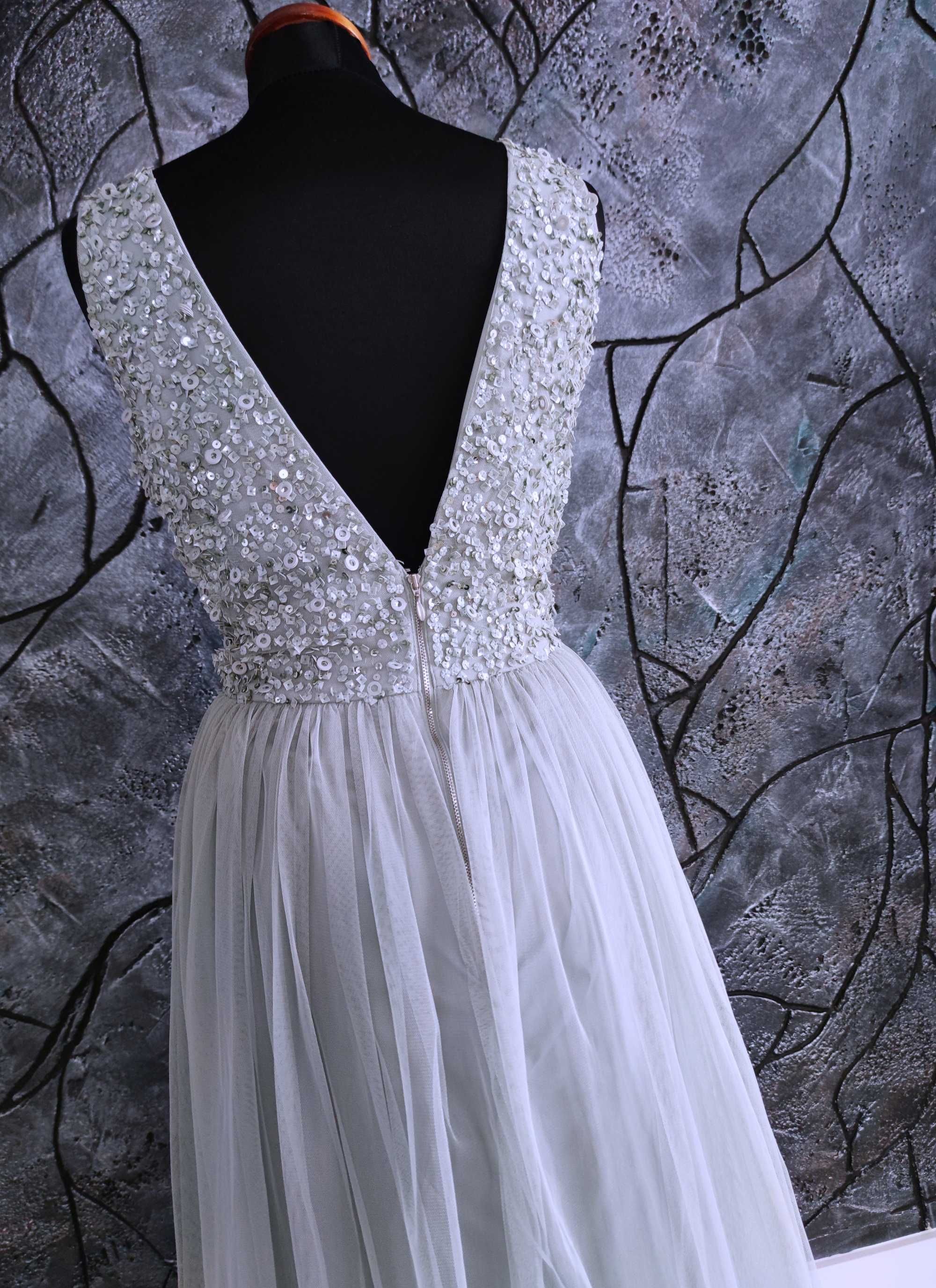 Długa tiulowa suknia wizytowa rozmiar xxl 44 weselna sukienka cekiny