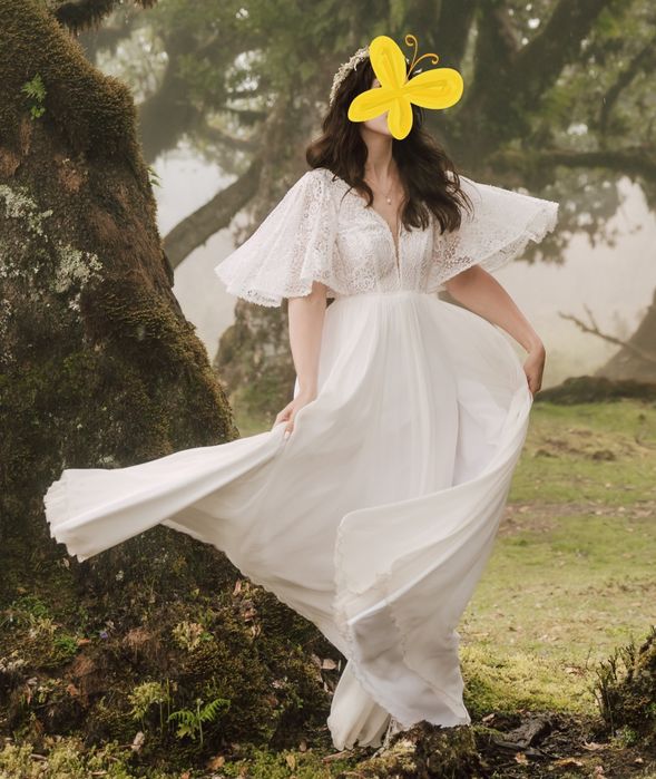 Suknia ślubna boho zwiewna muślin bawełna rękawki motylkowe eggshell