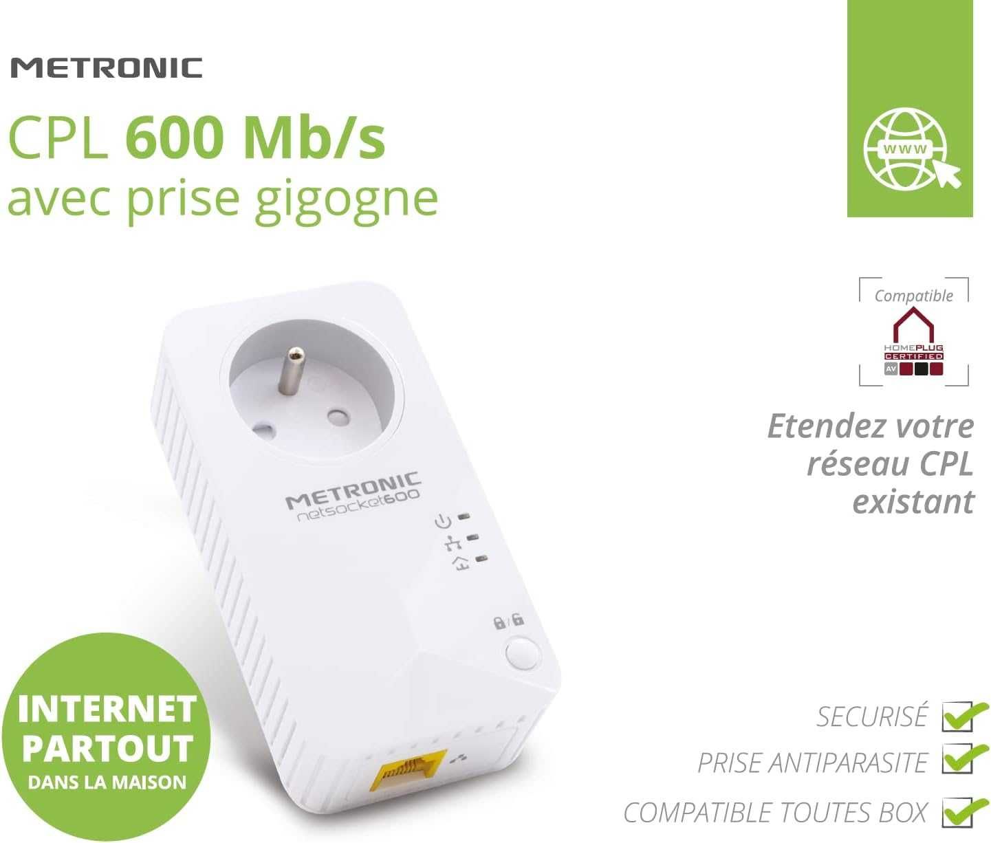 Gniazdo netsocket CPL 600 MB/s z 1 portem Fast Ethernet 100 MB/s