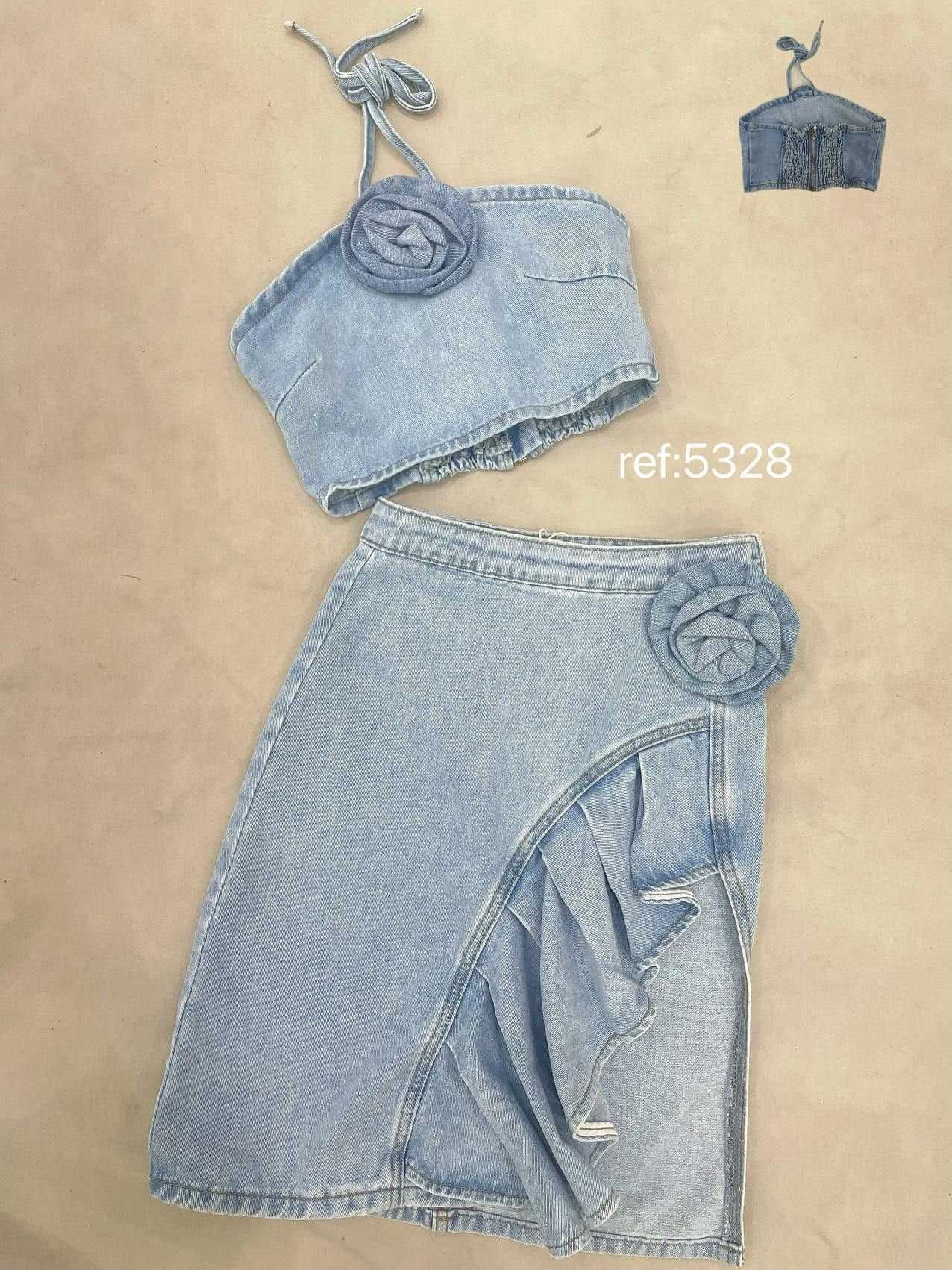 Zestaw dla dziewczynki komplet jeansowy top i spódnica z różą 98-104