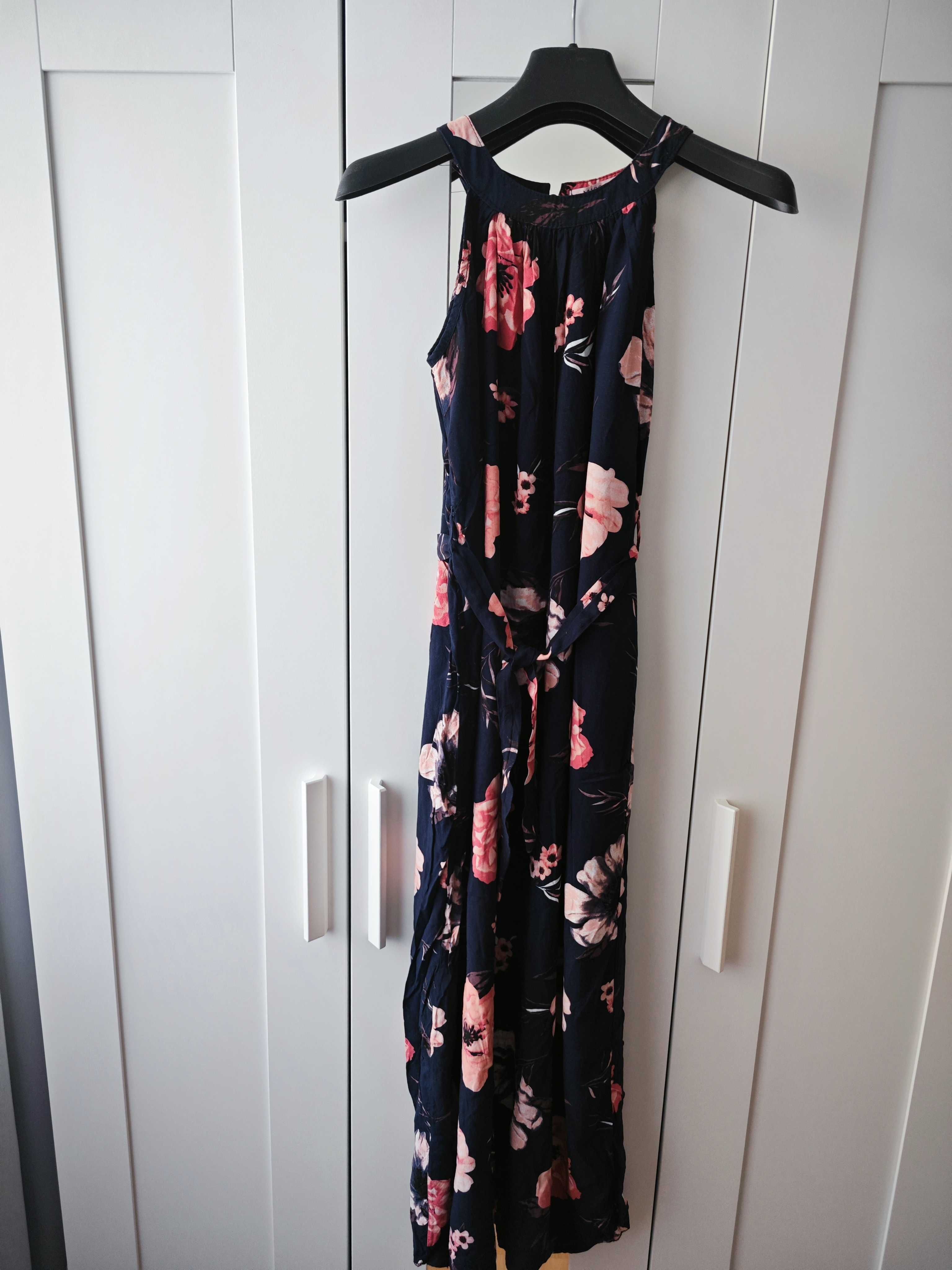Sukienka halter długa granatowa w kwiaty, floral, rozmiar 36