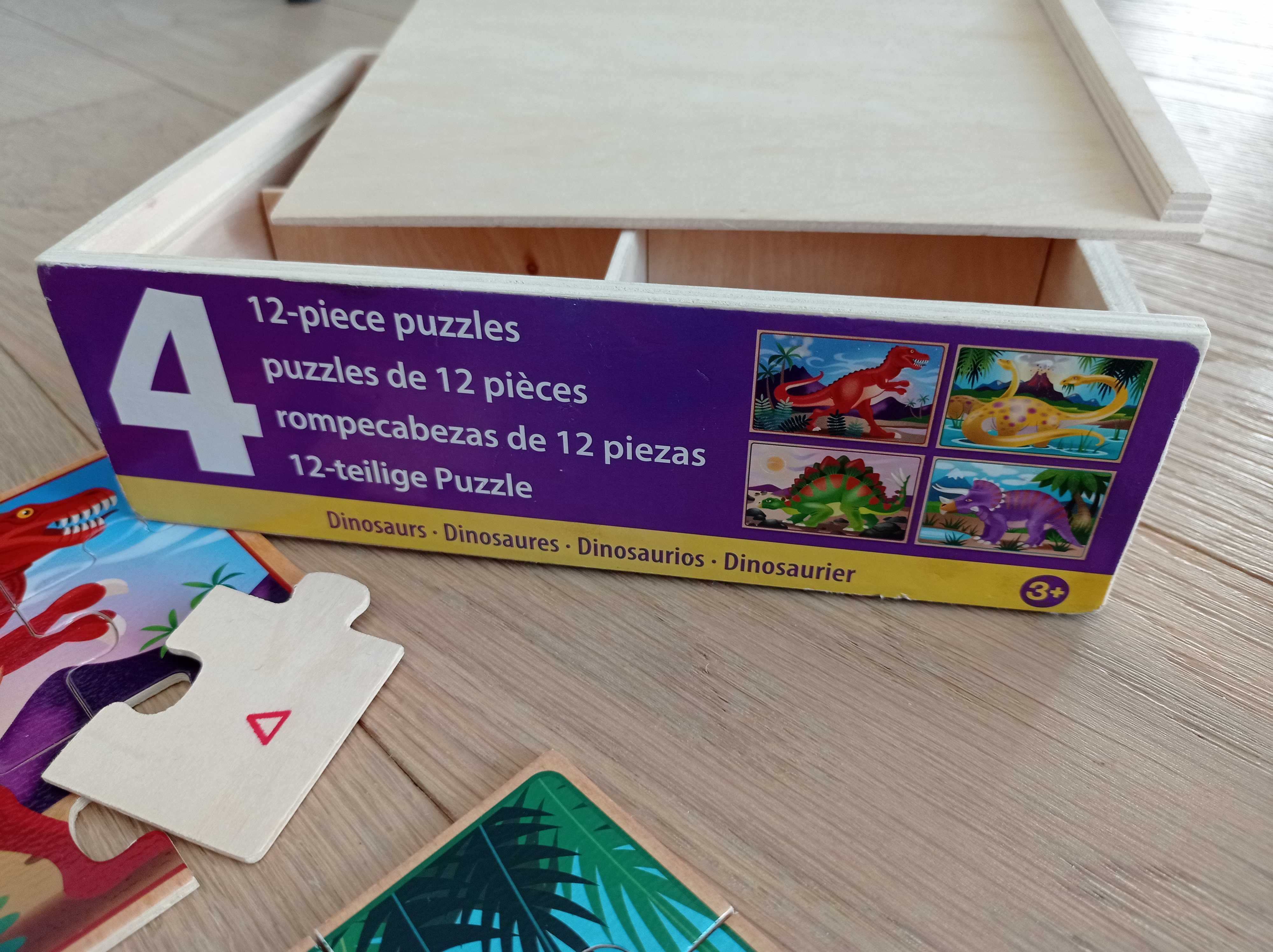 Puzzle drewniane 12-elementowe x 4 obrazki DINOZAURY