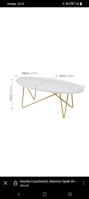 Stół do salonu owalny z efektem marmuru, stolik kawowy 120 x 60 cm