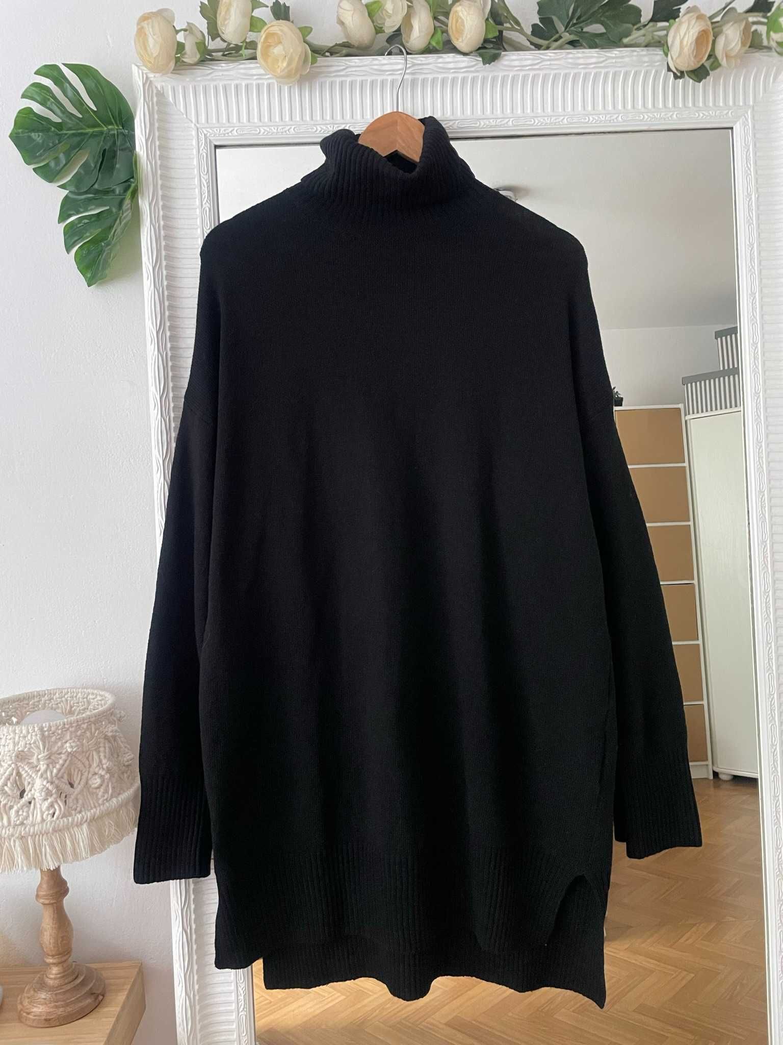H&M sweter czarny z golfem golf długi obszerny oversize wełna L 40