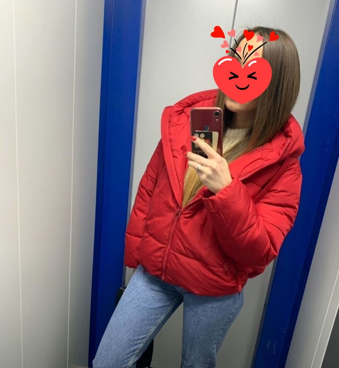 Куртка Zara, пуховик женский, бомбер красный