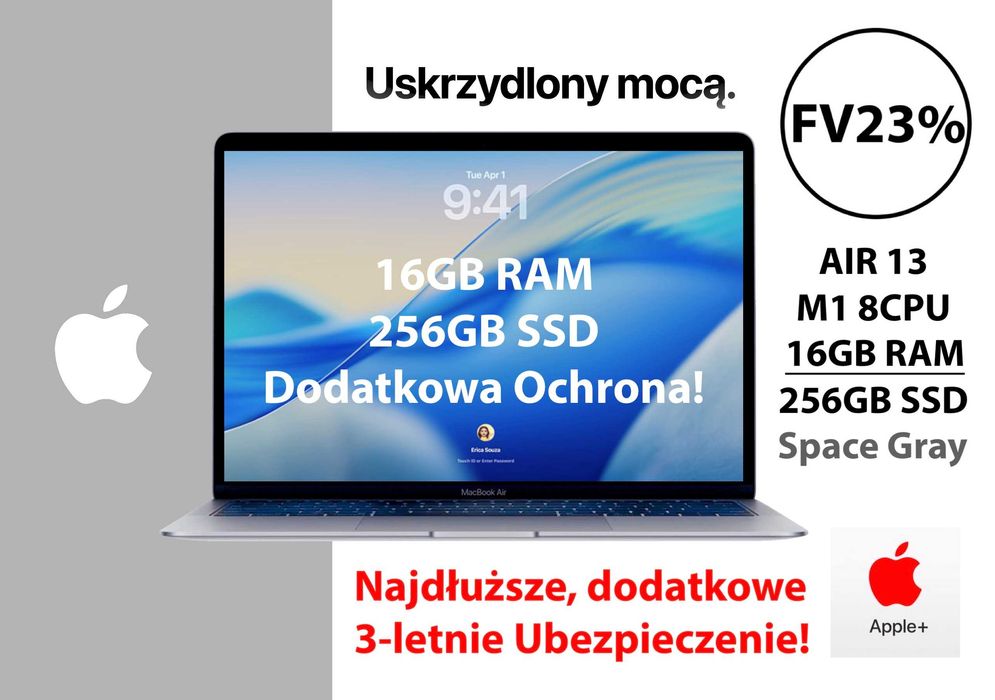 Nowy Apple MacBook Air 13 M1 16GB RAM 256GB SSD 13,3 PL GW3LATA! FV23%