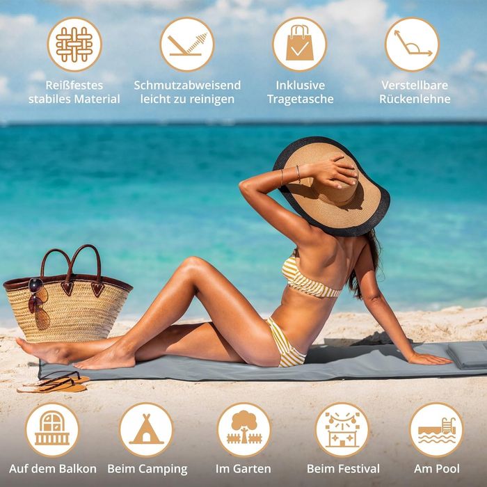 Mata plażowa składana z regulowanym oparciem i torbą – szara