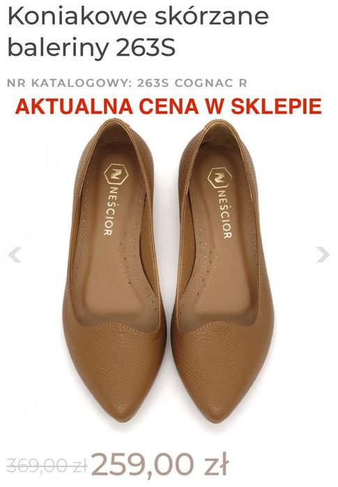 Neścior koniakowe beżowe nude skórzane baleriny.