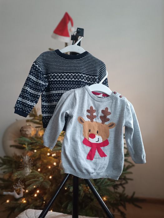 Dwa sweterki świąteczne niemowlęce h&m 74-80 cm szary granatowy sweter