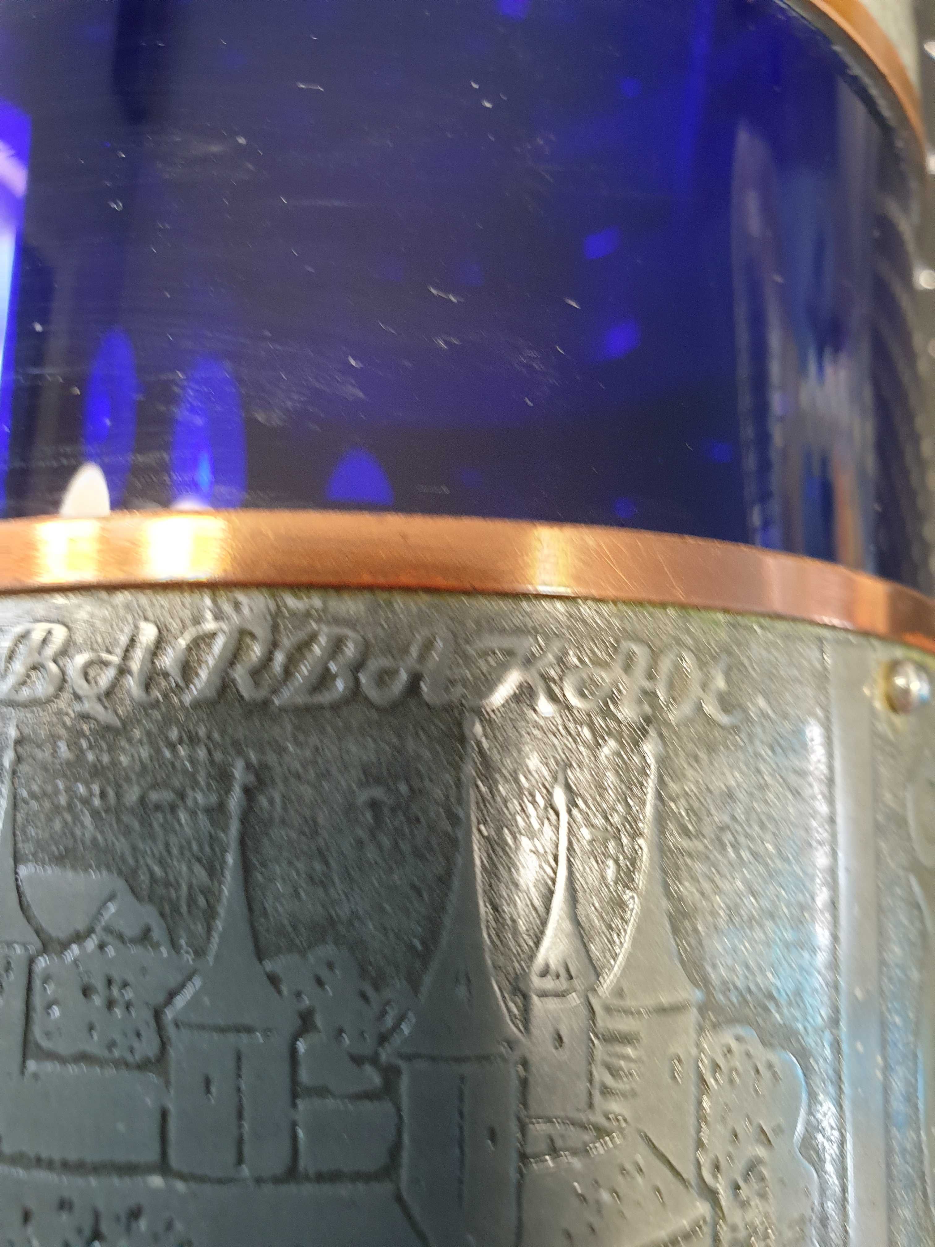Dzbanek+szklanki. UNIKAT.Szkło kobaltowe.Opaska grawer:zabytki Krakowa