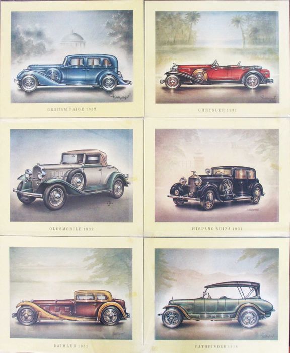 Conjunto de 28 gravuras de automóveis clássicos