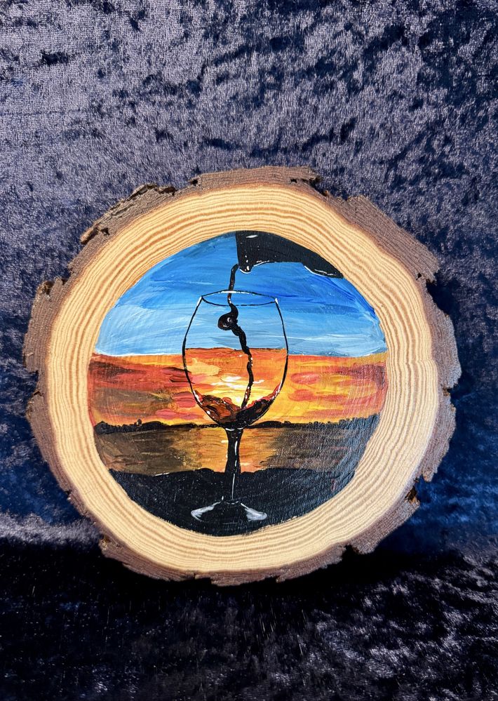 Copo de Vinho ao Pôr do Sol – Arte em Madeira Pintada à Mão