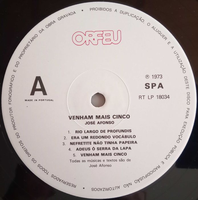 José Afonso	- - - - -		Venham Mais Cinco	- - - - -	LP