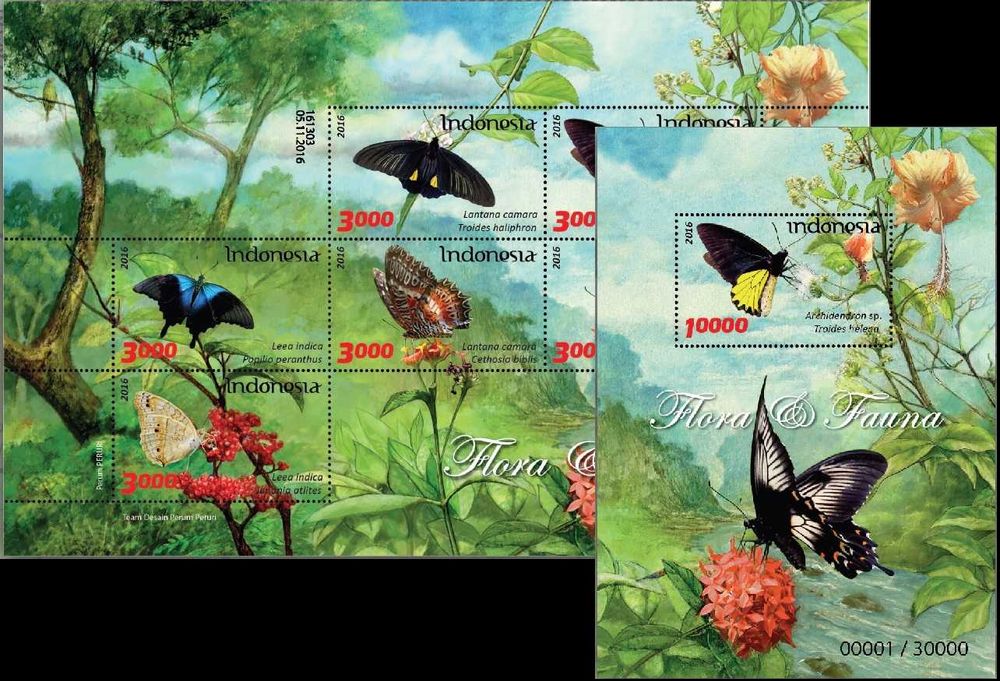 Znaczki pocztowe. Indonezja 2016 MNH XF. Fauna. Zestaw Bloków. 
Motyle